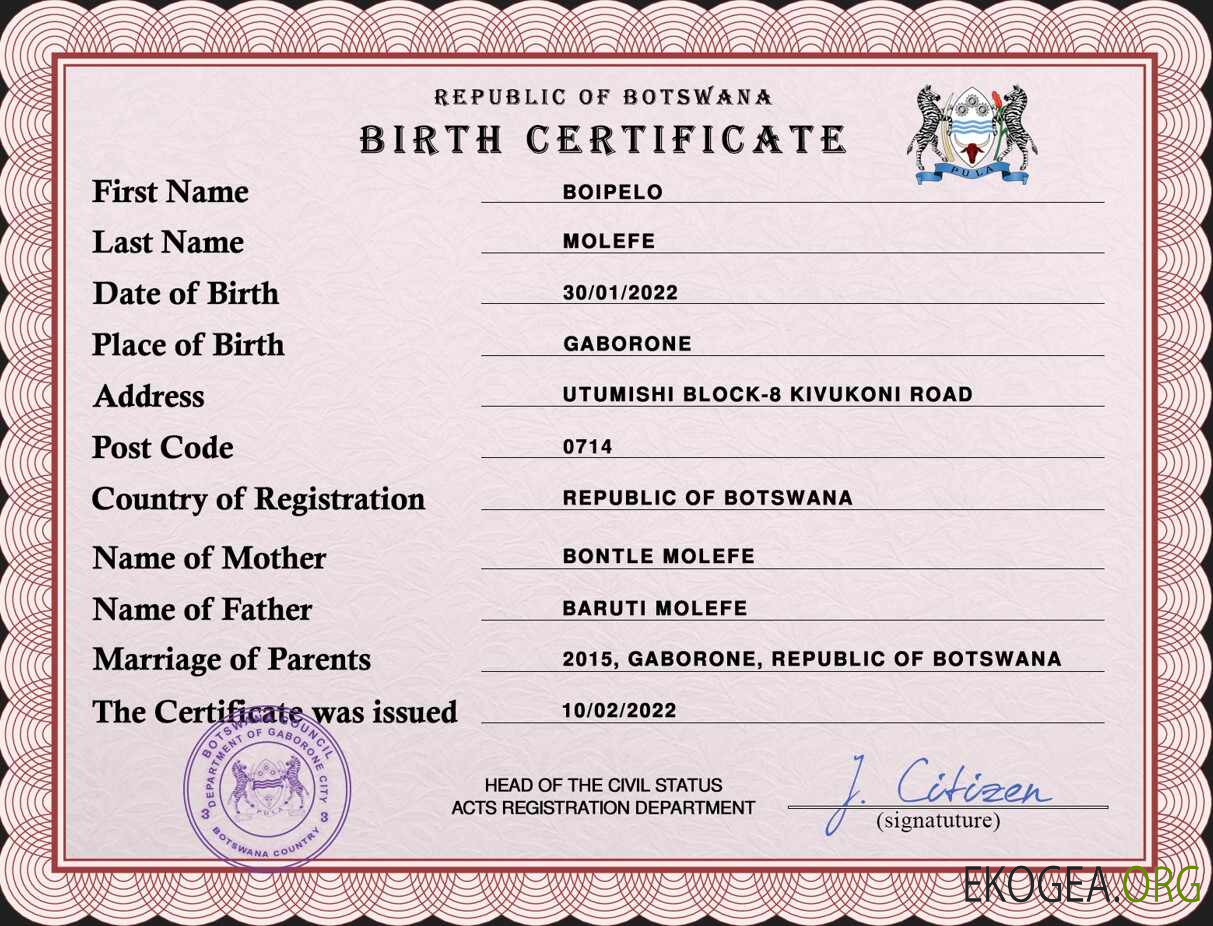 Modèle PSD de certificat de naissance de l'état civil du Botswana